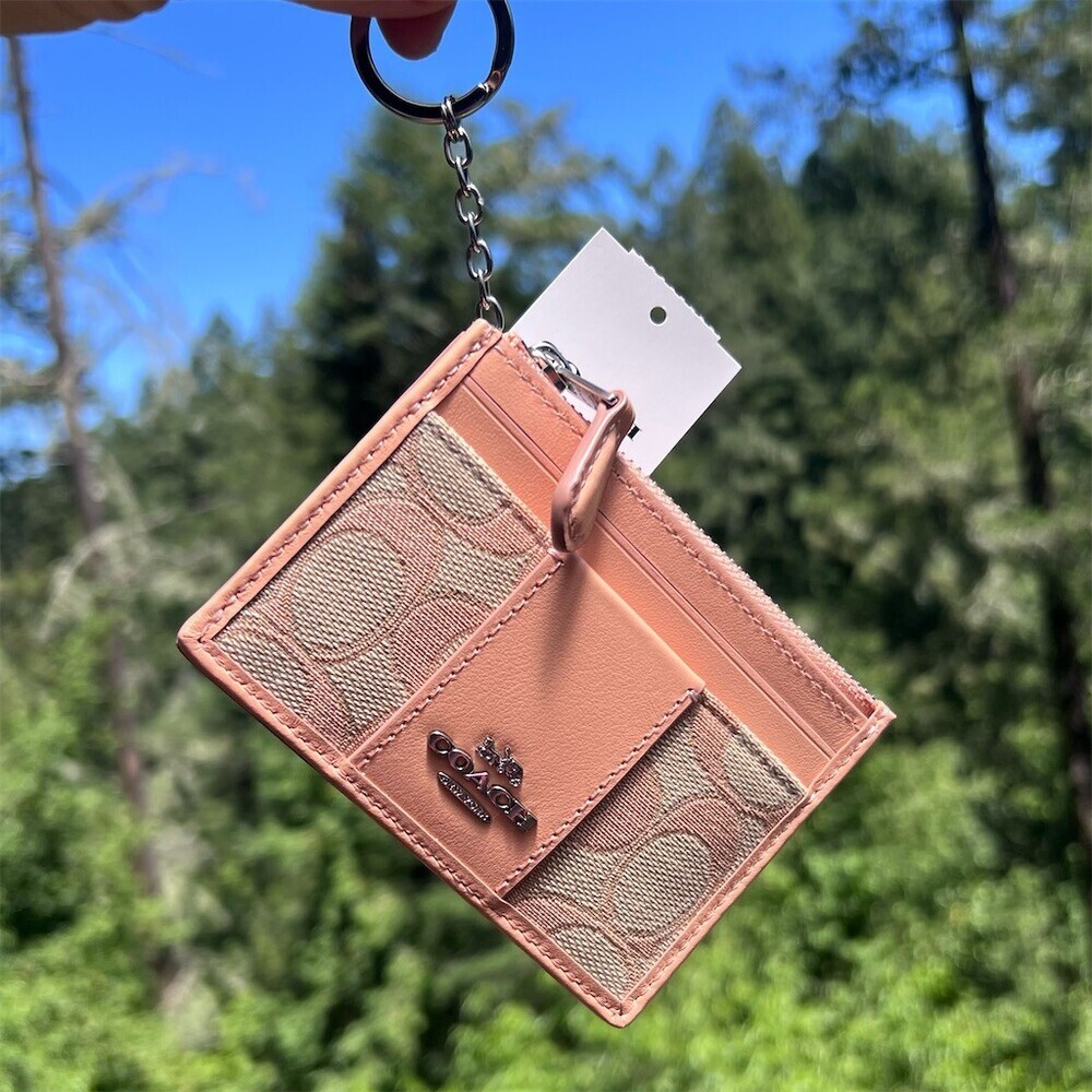 COACH Mini Skinny ID Case Key Chain Wallet Signature Jacquard NWT